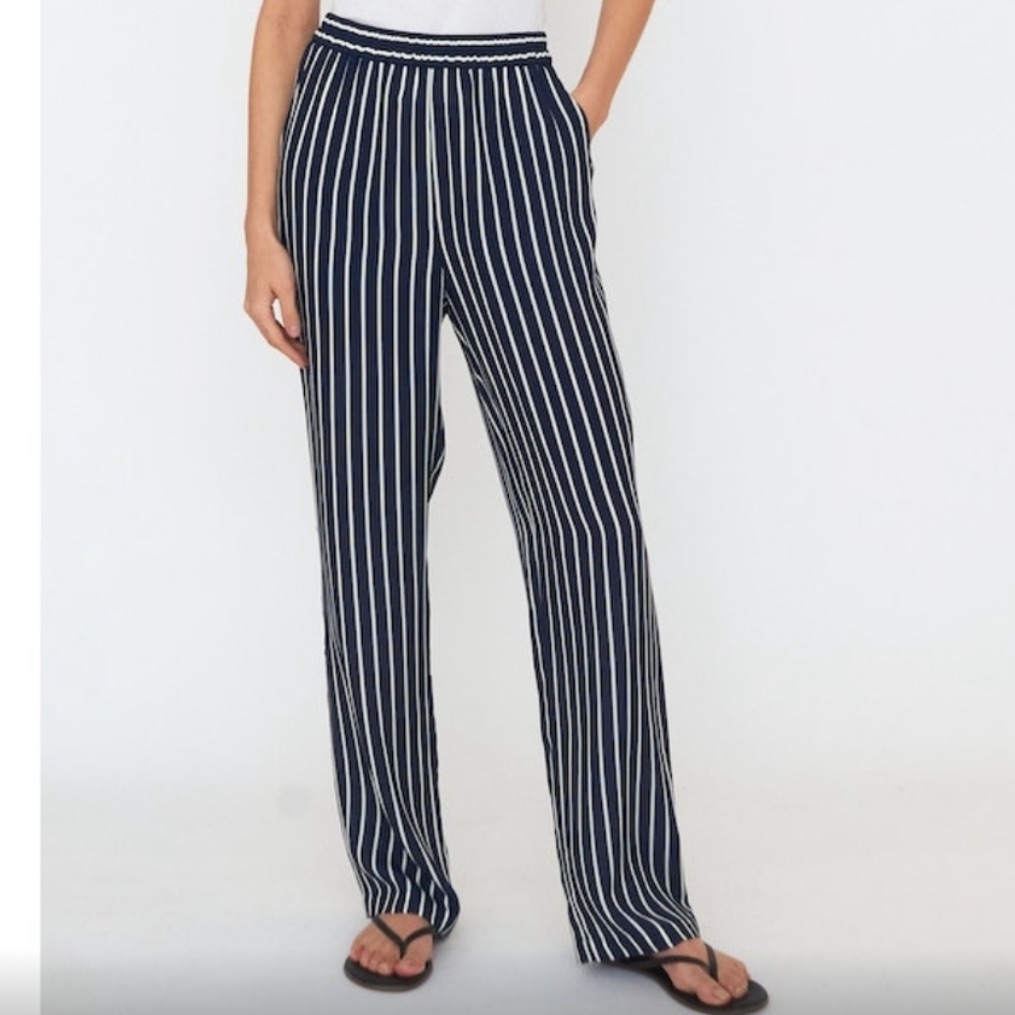 Kule Silk Lido Pant In Navy And White Stripe